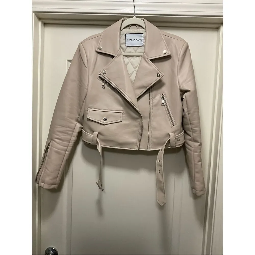 Azalea Wang Faux Leather Beige Moto Cropped Jacket (Size L)